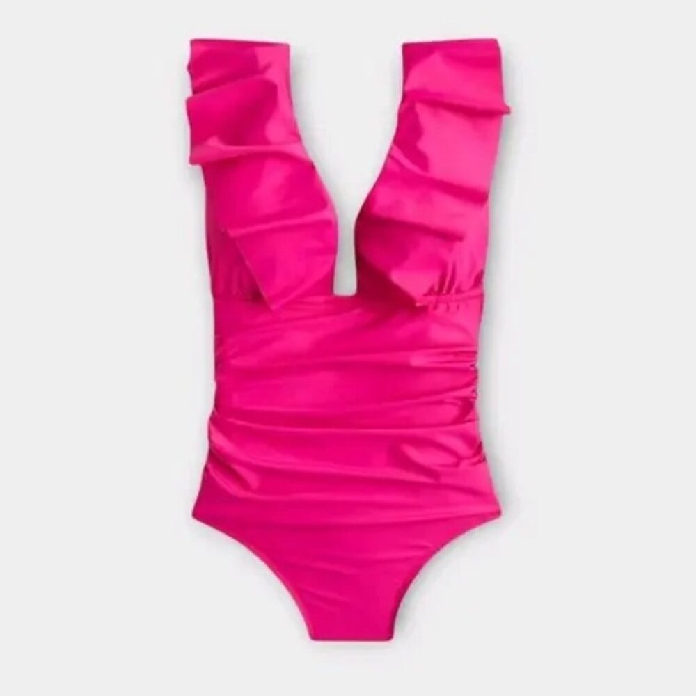 J Crew Ruched One Piece‎ Swimsuit Ruffle V Neck Radiant Fuschia Pink Deep V NWT